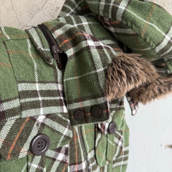 Y2K Puffer Vest Green Plaid Wool Blend Faux Fur Hood Quilted Lining Womens Prep - Picture 5 of 9